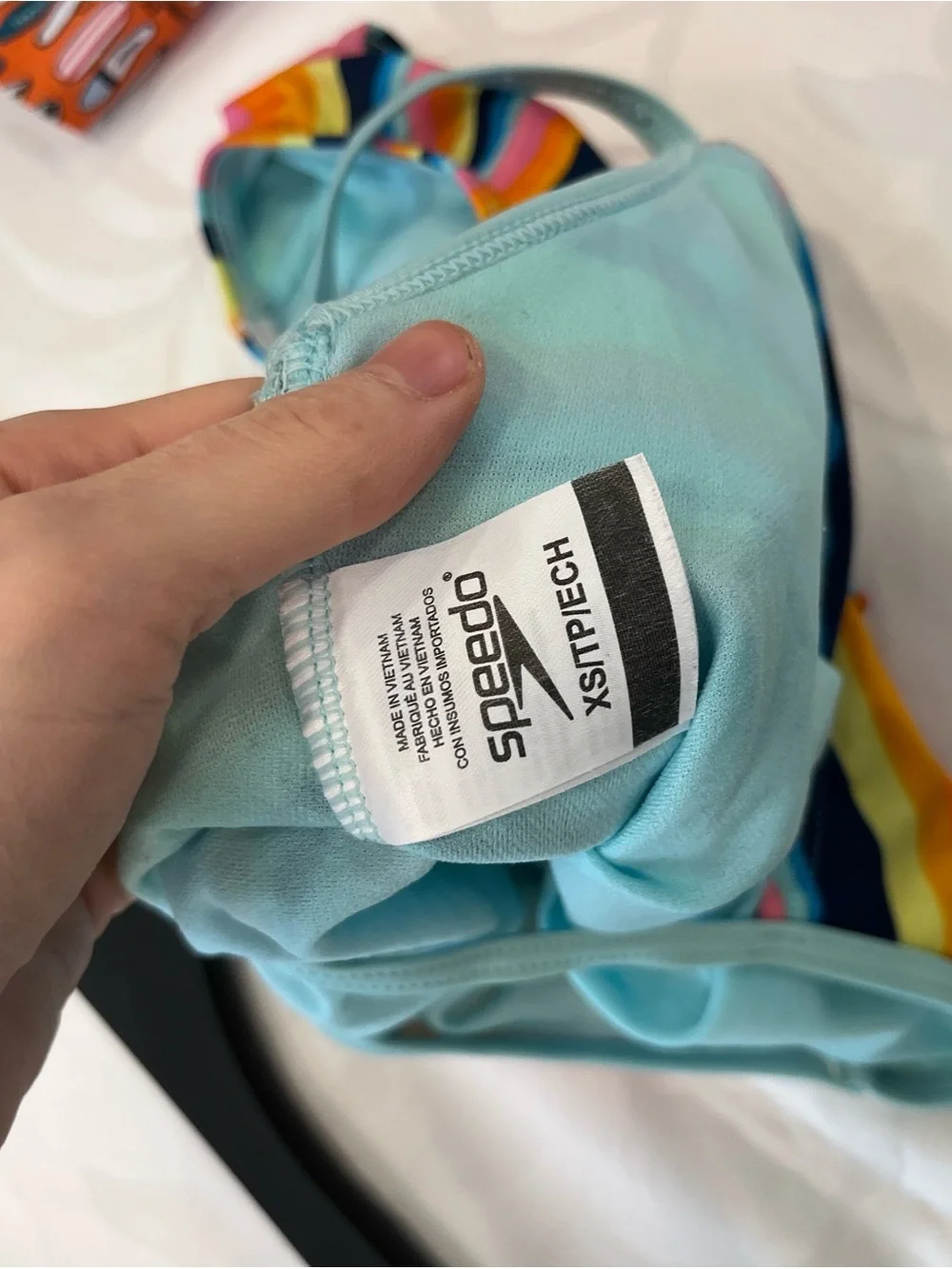 Speedo Girls Rainbow Wave Stripe One-Piece Swimsuit - Light Blue Trim